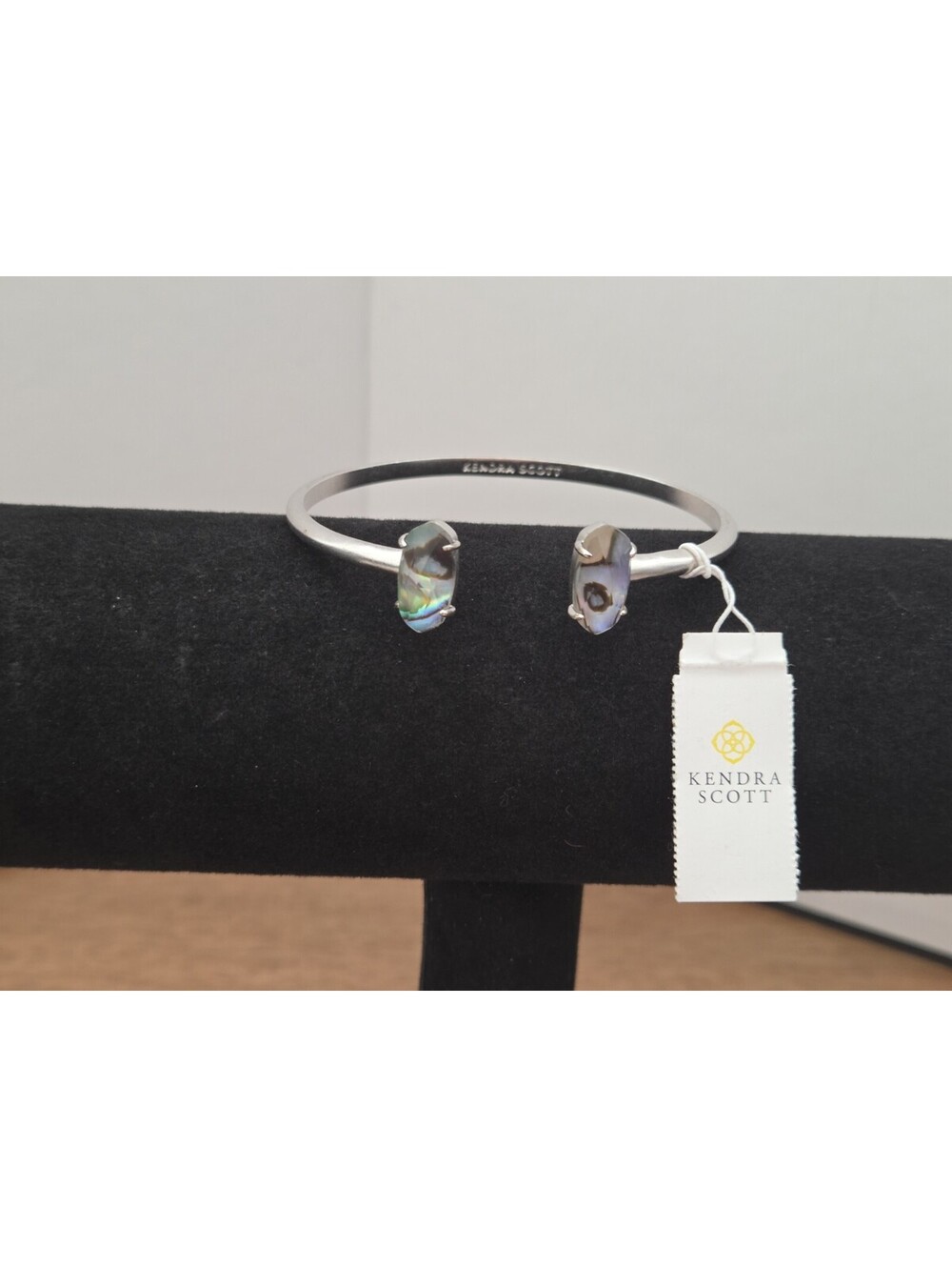 Kendra Scott Cuff Bracelet Iridescent Glass Stone Silver Tone Open Bangle NWT